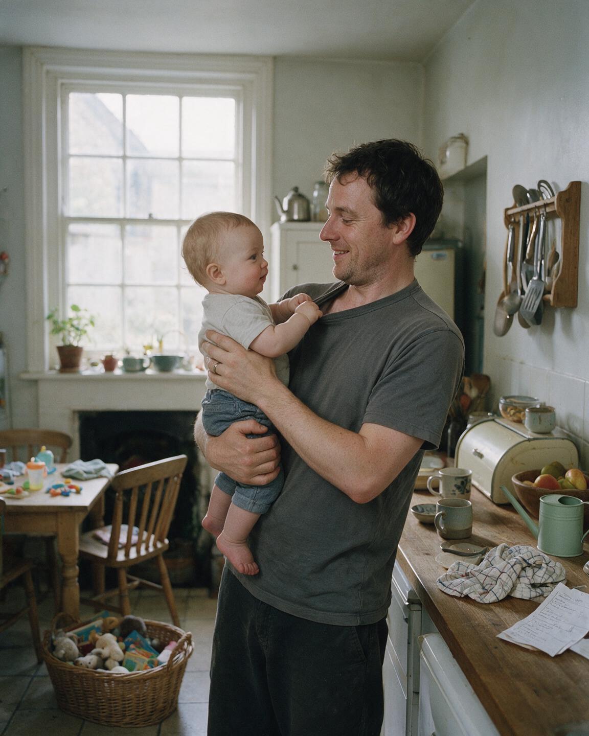 A father holding his baby in a kitchen at home